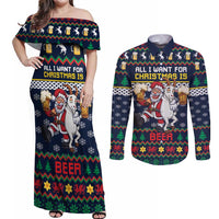 Personalized Merionethshire Wales Christmas Couples Matching Off Shoulder Maxi Dress and Long Sleeve Button Shirt Beer and Goat Santa Design - Wonder Print Shop