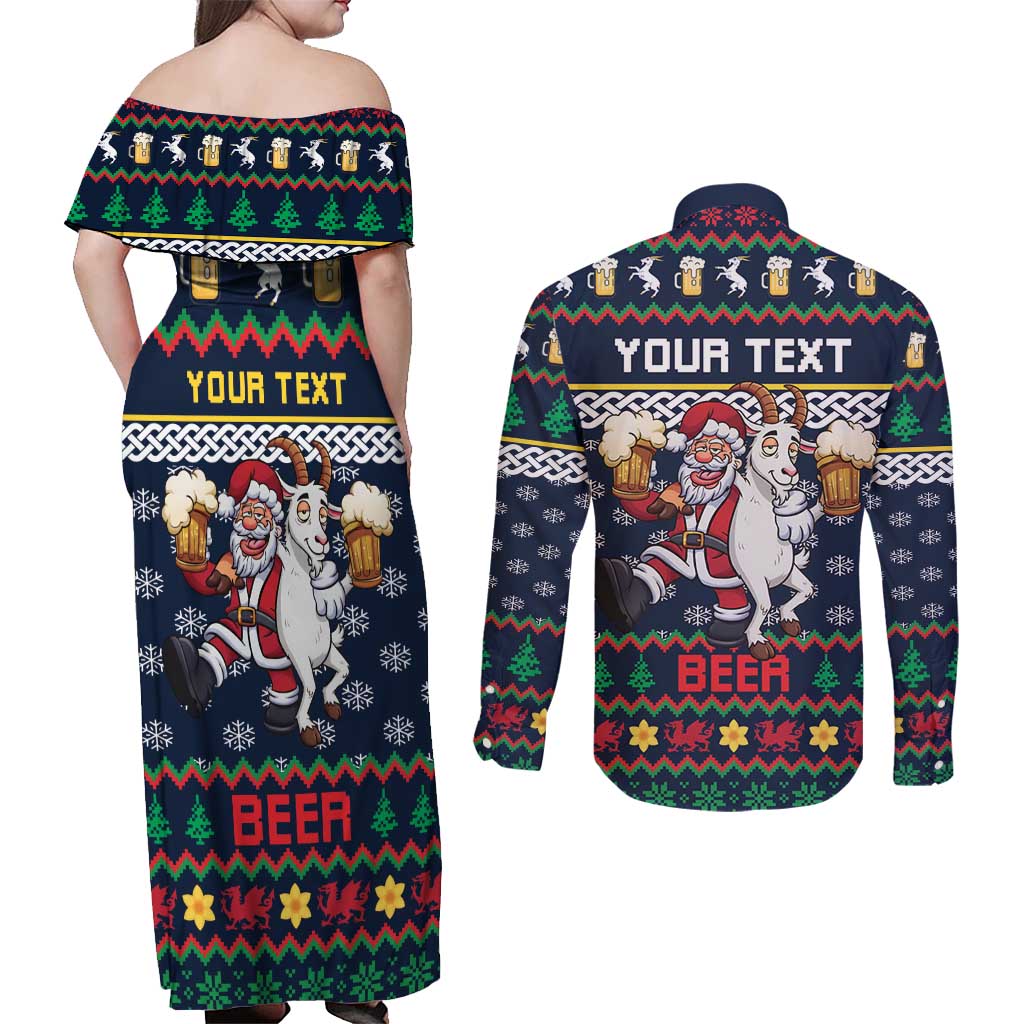 Personalized Merionethshire Wales Christmas Couples Matching Off Shoulder Maxi Dress and Long Sleeve Button Shirt Beer and Goat Santa Design - Wonder Print Shop