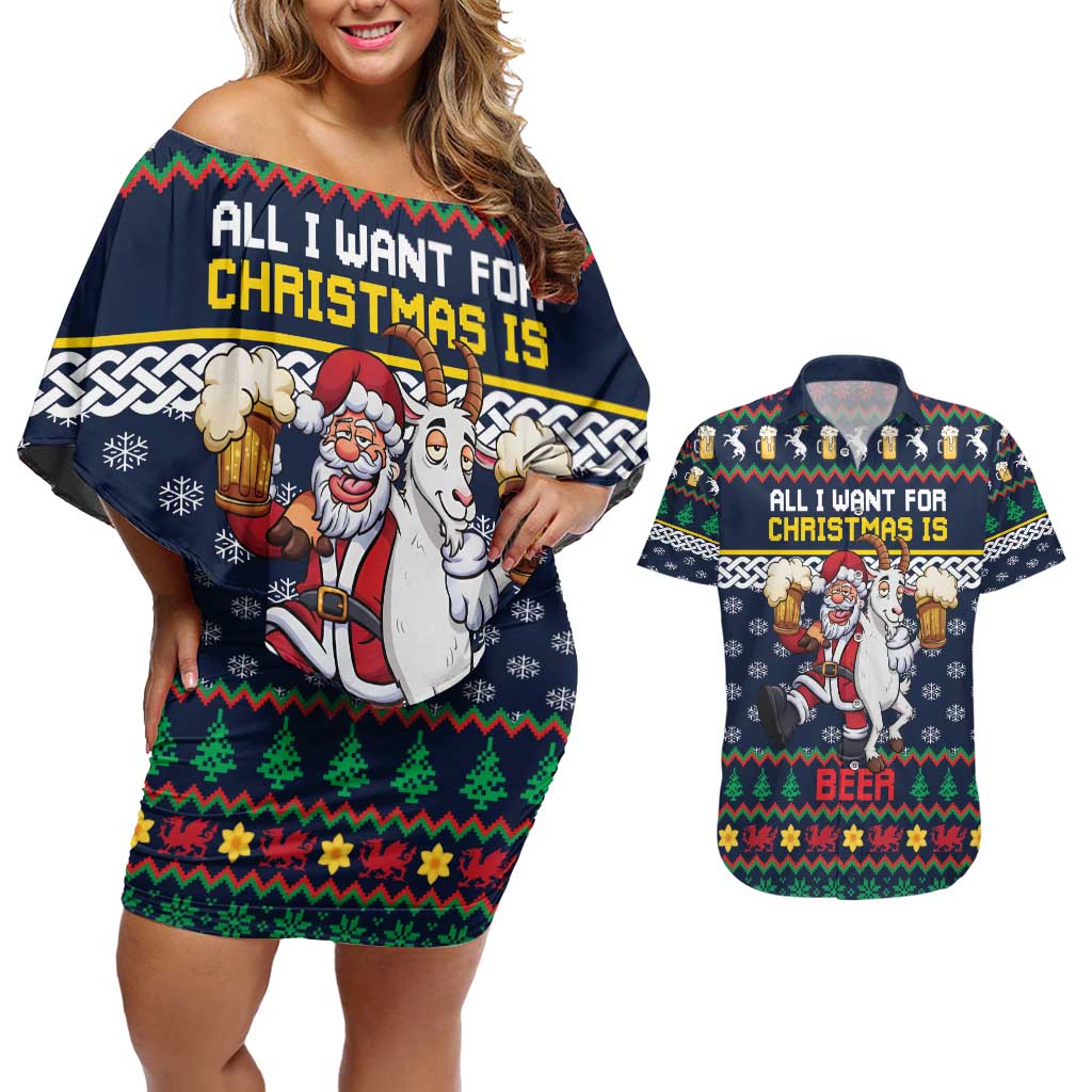 Personalized Merionethshire Wales Christmas Couples Matching Off Shoulder Short Dress and Hawaiian Shirt Beer and Goat Santa Design - Wonder Print Shop