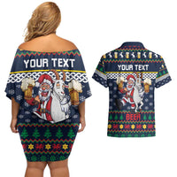 Personalized Merionethshire Wales Christmas Couples Matching Off Shoulder Short Dress and Hawaiian Shirt Beer and Goat Santa Design - Wonder Print Shop