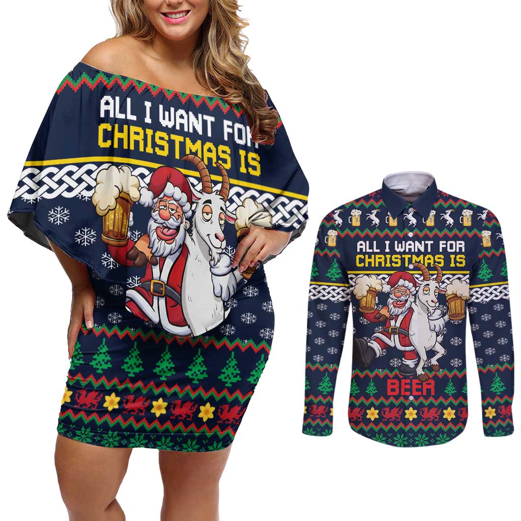 Personalized Merionethshire Wales Christmas Couples Matching Off Shoulder Short Dress and Long Sleeve Button Shirt Beer and Goat Santa Design - Wonder Print Shop