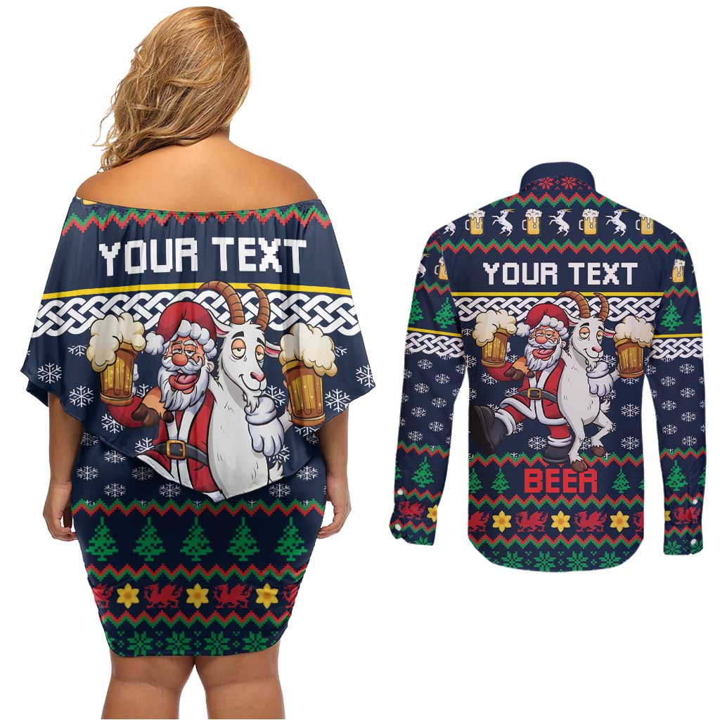 Personalized Merionethshire Wales Christmas Couples Matching Off Shoulder Short Dress and Long Sleeve Button Shirt Beer and Goat Santa Design - Wonder Print Shop