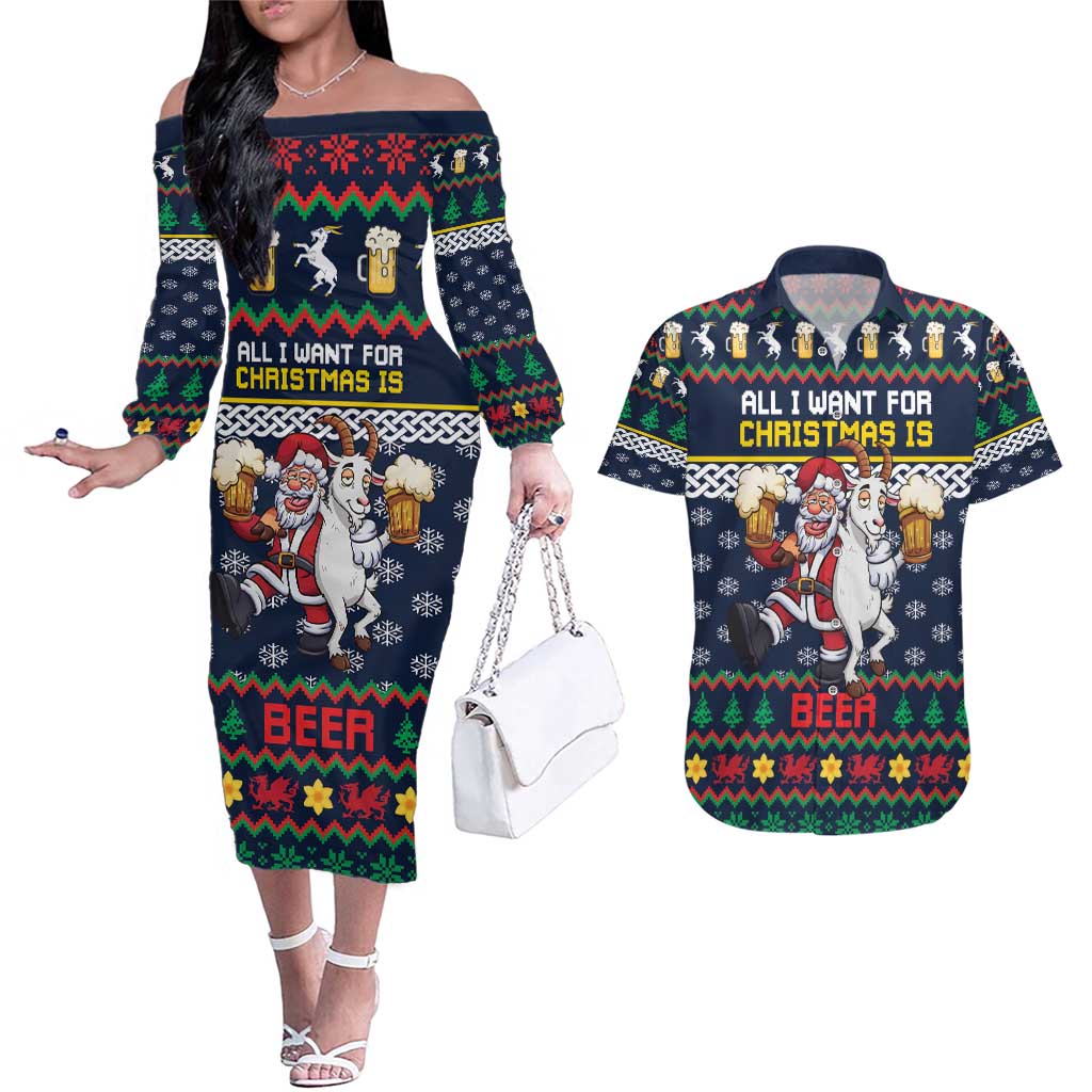 Personalized Merionethshire Wales Christmas Couples Matching Off The Shoulder Long Sleeve Dress and Hawaiian Shirt Beer and Goat Santa Design - Wonder Print Shop