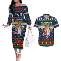 Personalized Merionethshire Wales Christmas Couples Matching Off The Shoulder Long Sleeve Dress and Hawaiian Shirt Beer and Goat Santa Design - Wonder Print Shop