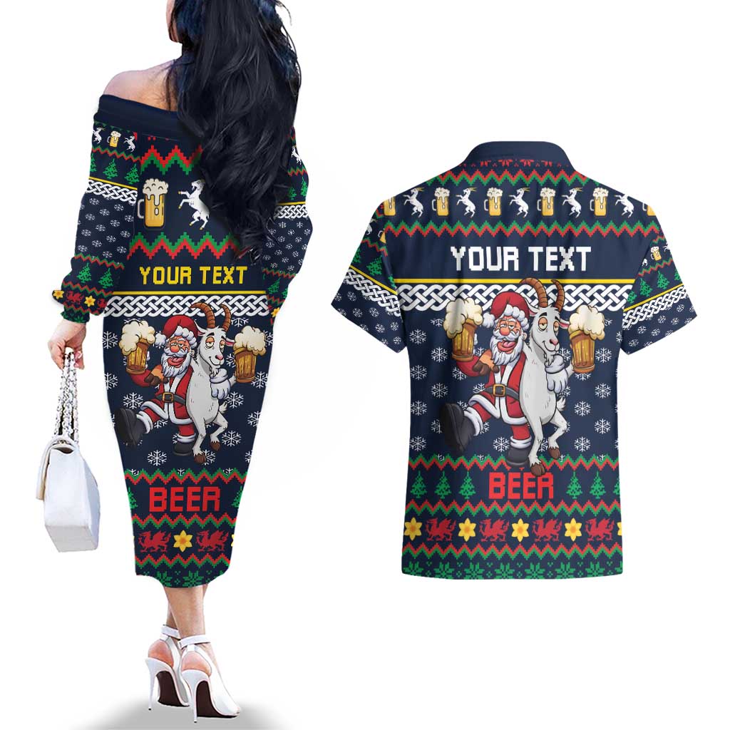 Personalized Merionethshire Wales Christmas Couples Matching Off The Shoulder Long Sleeve Dress and Hawaiian Shirt Beer and Goat Santa Design - Wonder Print Shop