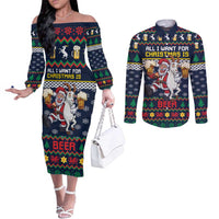 Personalized Merionethshire Wales Christmas Couples Matching Off The Shoulder Long Sleeve Dress and Long Sleeve Button Shirt Beer and Goat Santa Design - Wonder Print Shop