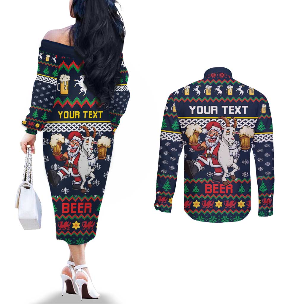 Personalized Merionethshire Wales Christmas Couples Matching Off The Shoulder Long Sleeve Dress and Long Sleeve Button Shirt Beer and Goat Santa Design - Wonder Print Shop