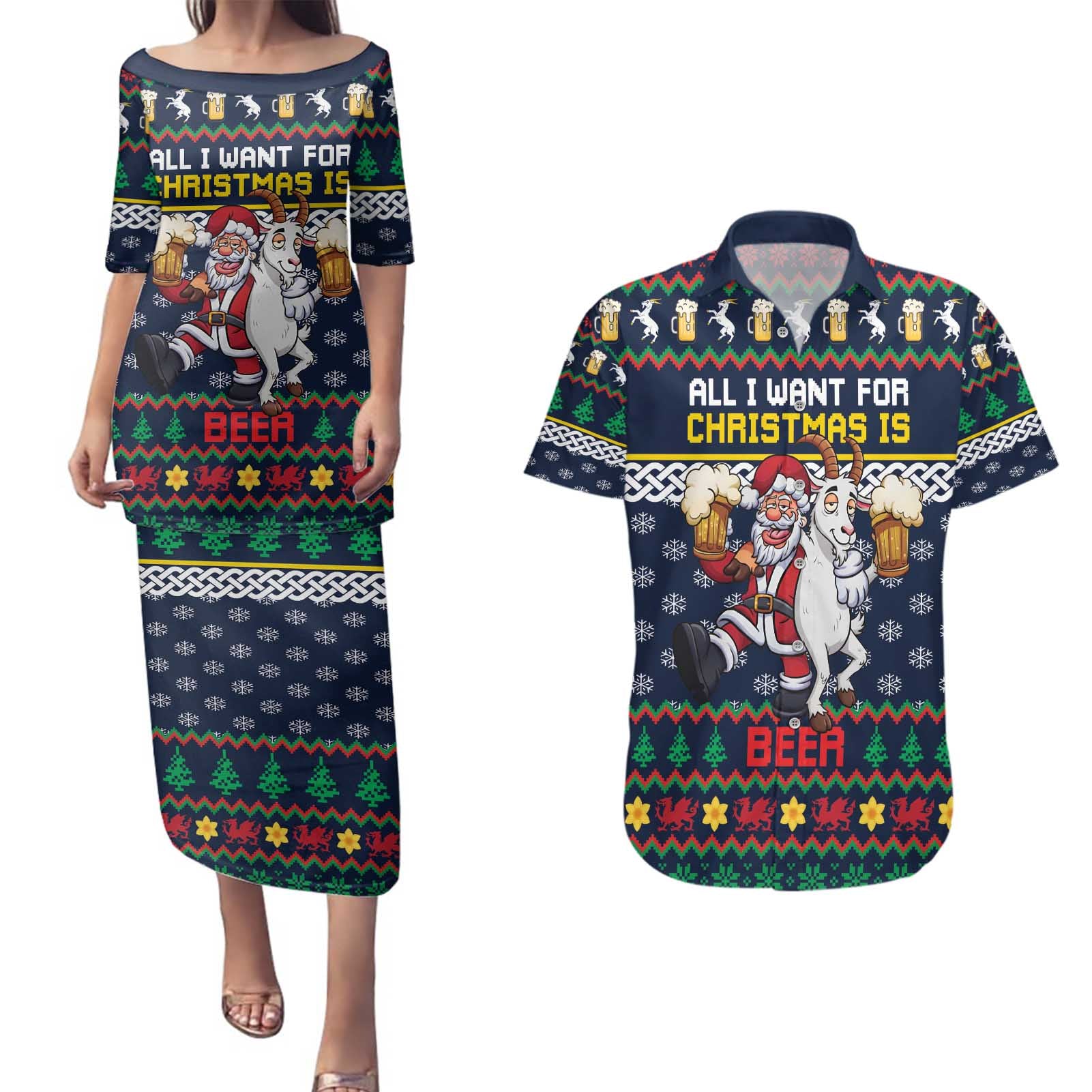 Personalized Merionethshire Wales Christmas Couples Matching Puletasi and Hawaiian Shirt Beer and Goat Santa Design - Wonder Print Shop