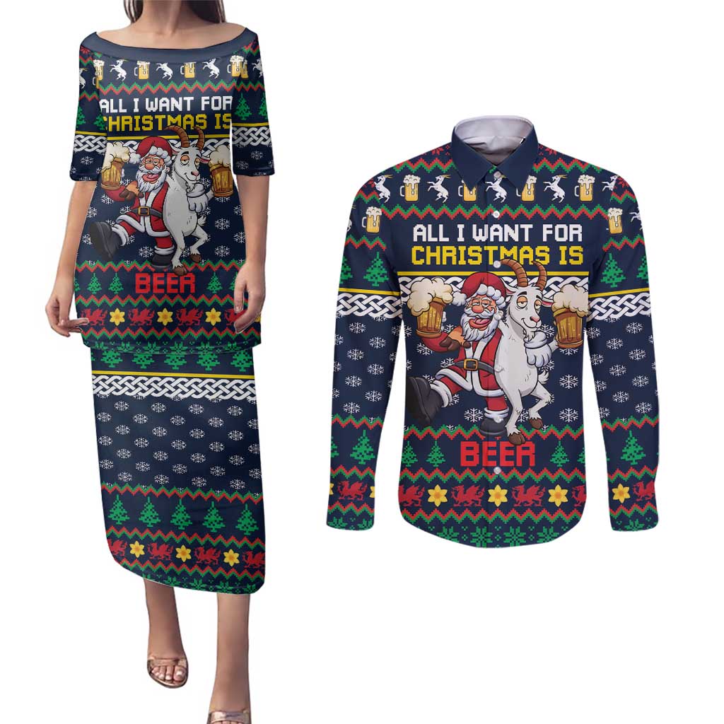 Personalized Merionethshire Wales Christmas Couples Matching Puletasi and Long Sleeve Button Shirt Beer and Goat Santa Design - Wonder Print Shop