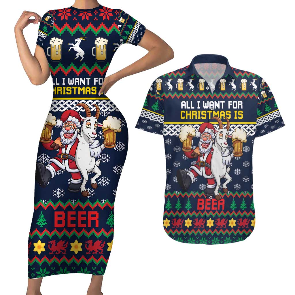 Personalized Merionethshire Wales Christmas Couples Matching Short Sleeve Bodycon Dress and Hawaiian Shirt Beer and Goat Santa Design - Wonder Print Shop