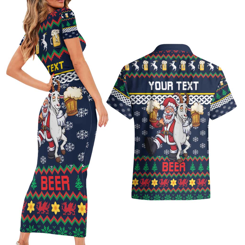 Personalized Merionethshire Wales Christmas Couples Matching Short Sleeve Bodycon Dress and Hawaiian Shirt Beer and Goat Santa Design - Wonder Print Shop