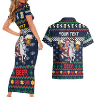 Personalized Merionethshire Wales Christmas Couples Matching Short Sleeve Bodycon Dress and Hawaiian Shirt Beer and Goat Santa Design - Wonder Print Shop