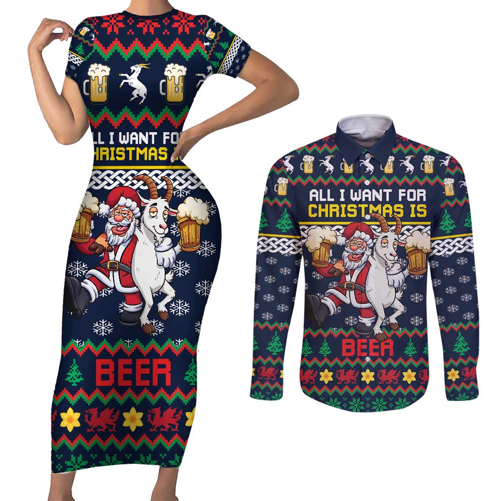 Personalized Merionethshire Wales Christmas Couples Matching Short Sleeve Bodycon Dress and Long Sleeve Button Shirt Beer and Goat Santa Design - Wonder Print Shop