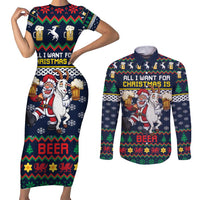 Personalized Merionethshire Wales Christmas Couples Matching Short Sleeve Bodycon Dress and Long Sleeve Button Shirt Beer and Goat Santa Design - Wonder Print Shop