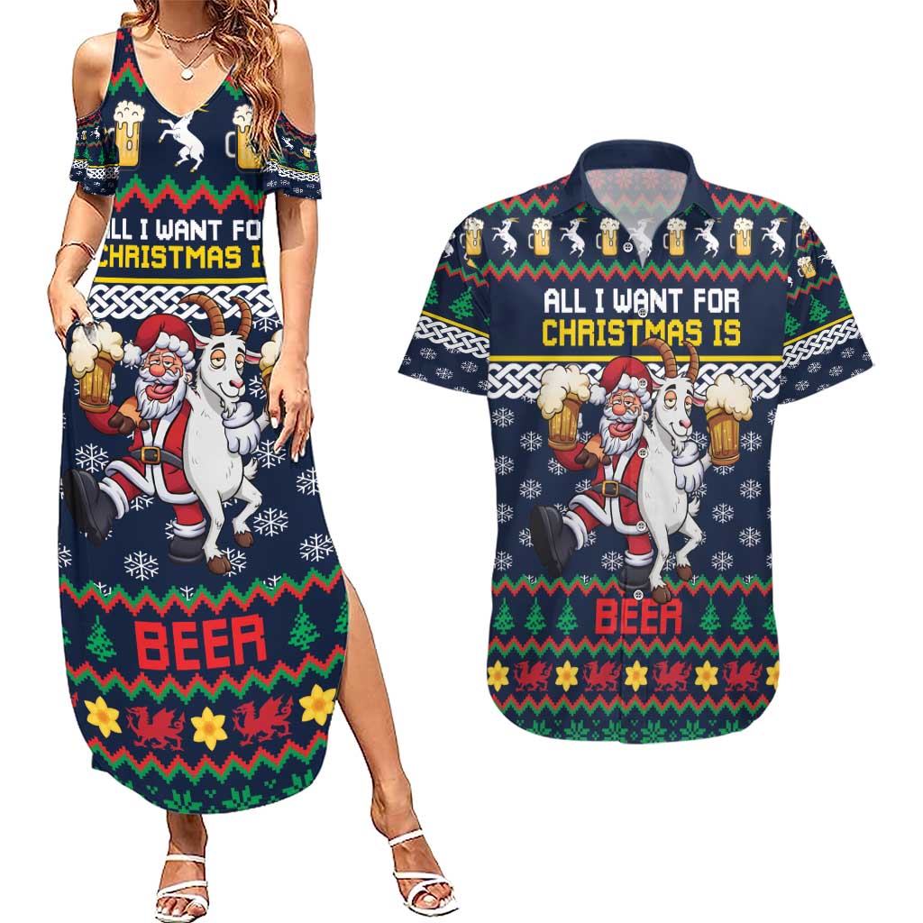 Personalized Merionethshire Wales Christmas Couples Matching Summer Maxi Dress and Hawaiian Shirt Beer and Goat Santa Design - Wonder Print Shop