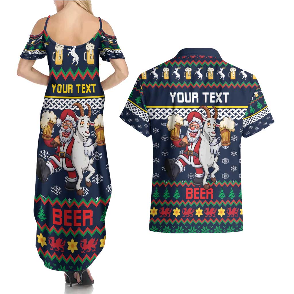 Personalized Merionethshire Wales Christmas Couples Matching Summer Maxi Dress and Hawaiian Shirt Beer and Goat Santa Design - Wonder Print Shop
