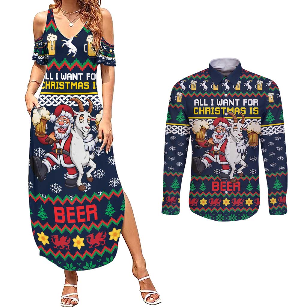 Personalized Merionethshire Wales Christmas Couples Matching Summer Maxi Dress and Long Sleeve Button Shirt Beer and Goat Santa Design - Wonder Print Shop