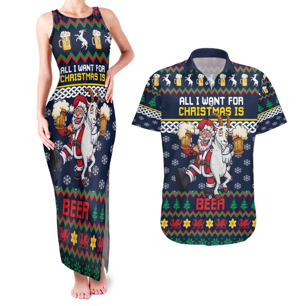 Personalized Merionethshire Wales Christmas Couples Matching Tank Maxi Dress and Hawaiian Shirt Beer and Goat Santa Design - Wonder Print Shop