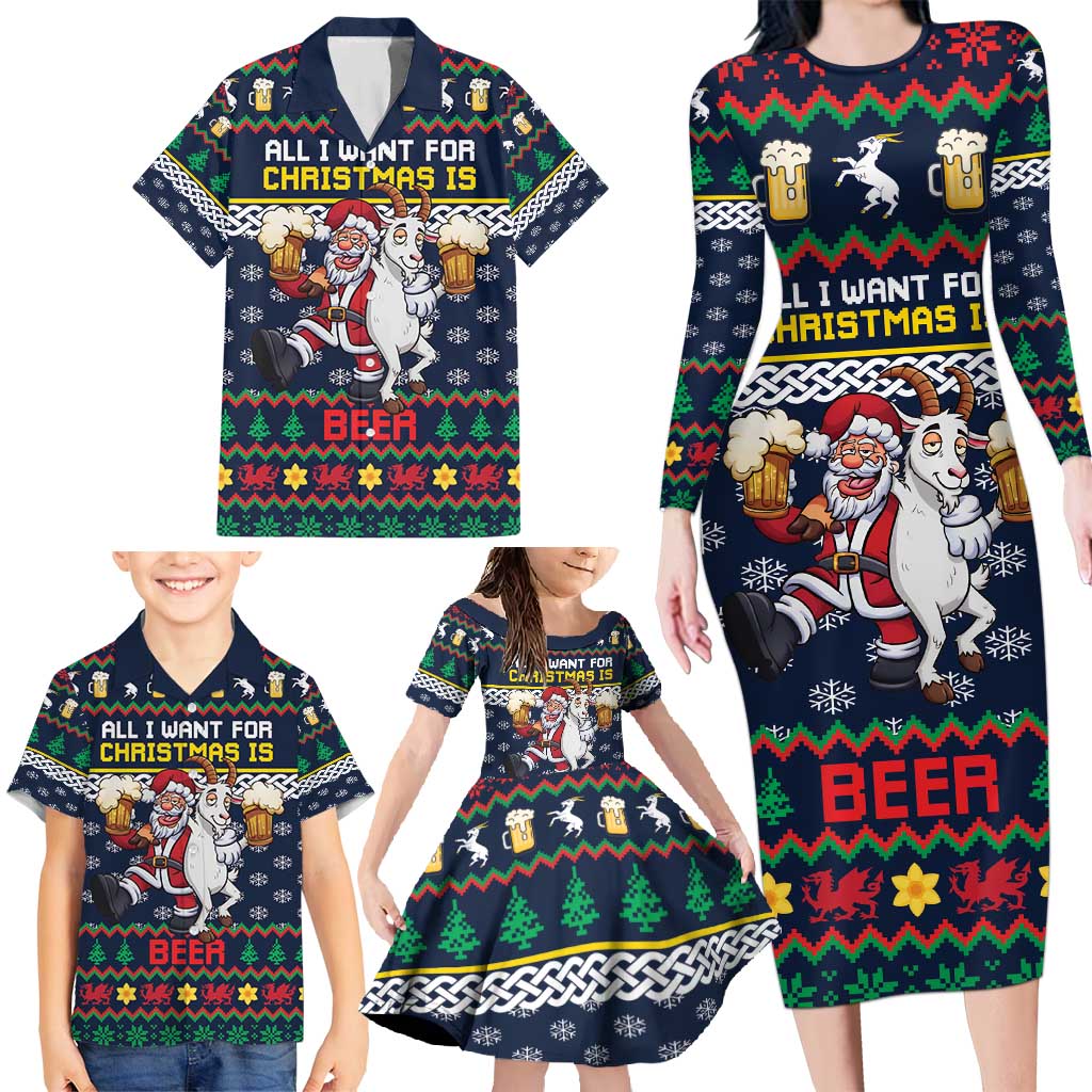 Personalized Merionethshire Wales Christmas Family Matching Long Sleeve Bodycon Dress and Hawaiian Shirt Beer and Goat Santa Design - Wonder Print Shop