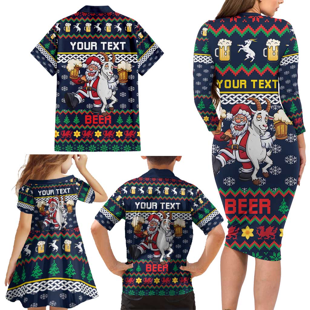Personalized Merionethshire Wales Christmas Family Matching Long Sleeve Bodycon Dress and Hawaiian Shirt Beer and Goat Santa Design - Wonder Print Shop