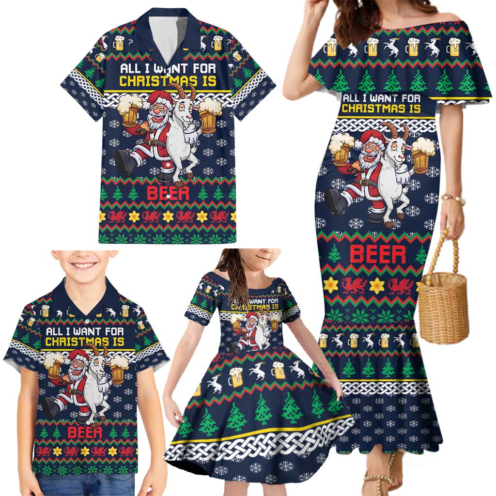 Personalized Merionethshire Wales Christmas Family Matching Mermaid Dress and Hawaiian Shirt Beer and Goat Santa Design - Wonder Print Shop