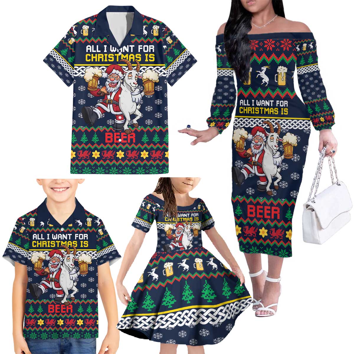 Personalized Merionethshire Wales Christmas Family Matching Off The Shoulder Long Sleeve Dress and Hawaiian Shirt Beer and Goat Santa Design - Wonder Print Shop