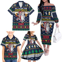Personalized Merionethshire Wales Christmas Family Matching Off The Shoulder Long Sleeve Dress and Hawaiian Shirt Beer and Goat Santa Design - Wonder Print Shop
