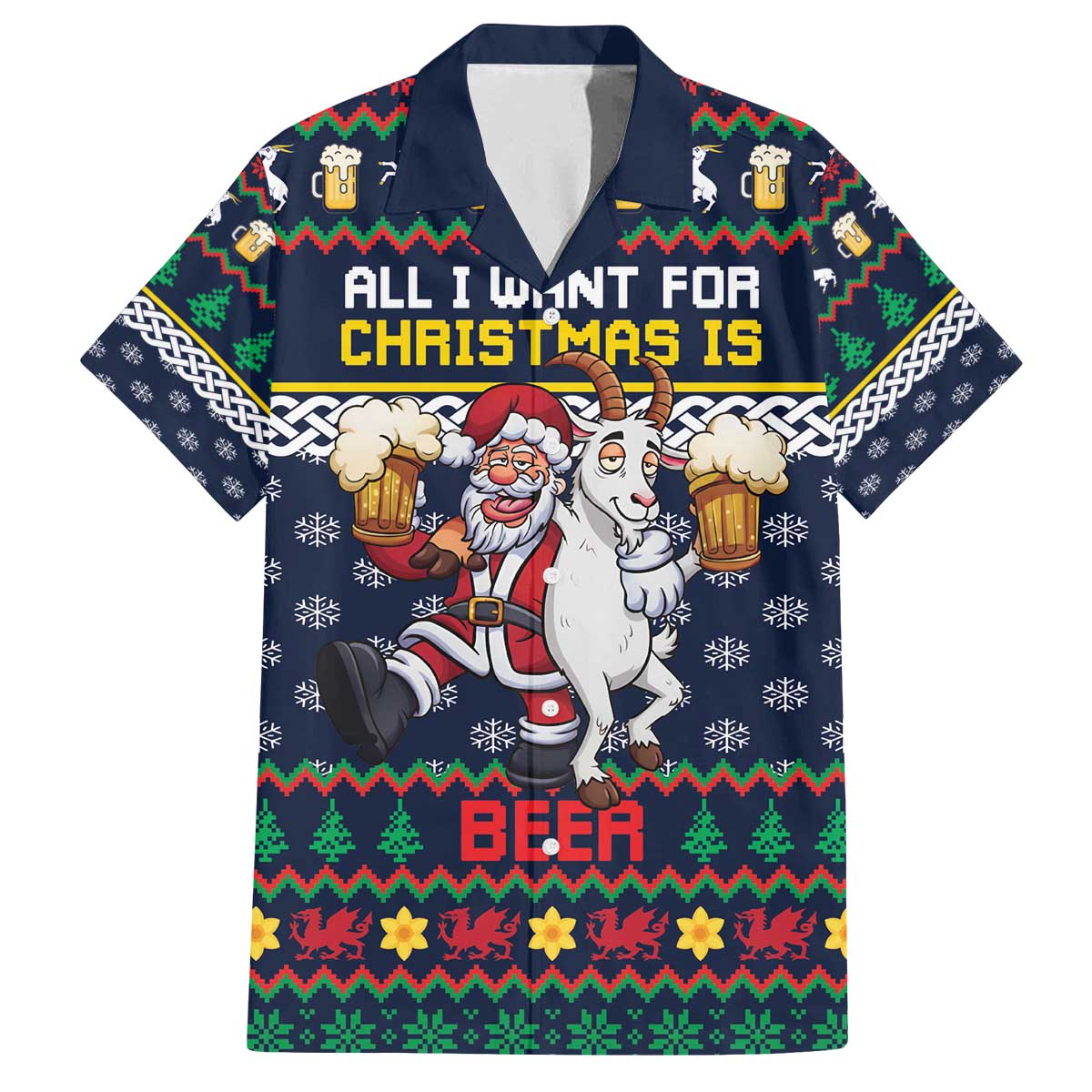 Personalized Merionethshire Wales Christmas Family Matching Off The Shoulder Long Sleeve Dress and Hawaiian Shirt Beer and Goat Santa Design - Wonder Print Shop