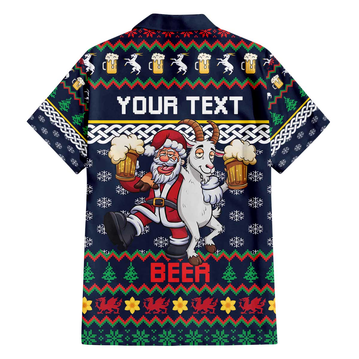Personalized Merionethshire Wales Christmas Family Matching Off The Shoulder Long Sleeve Dress and Hawaiian Shirt Beer and Goat Santa Design - Wonder Print Shop