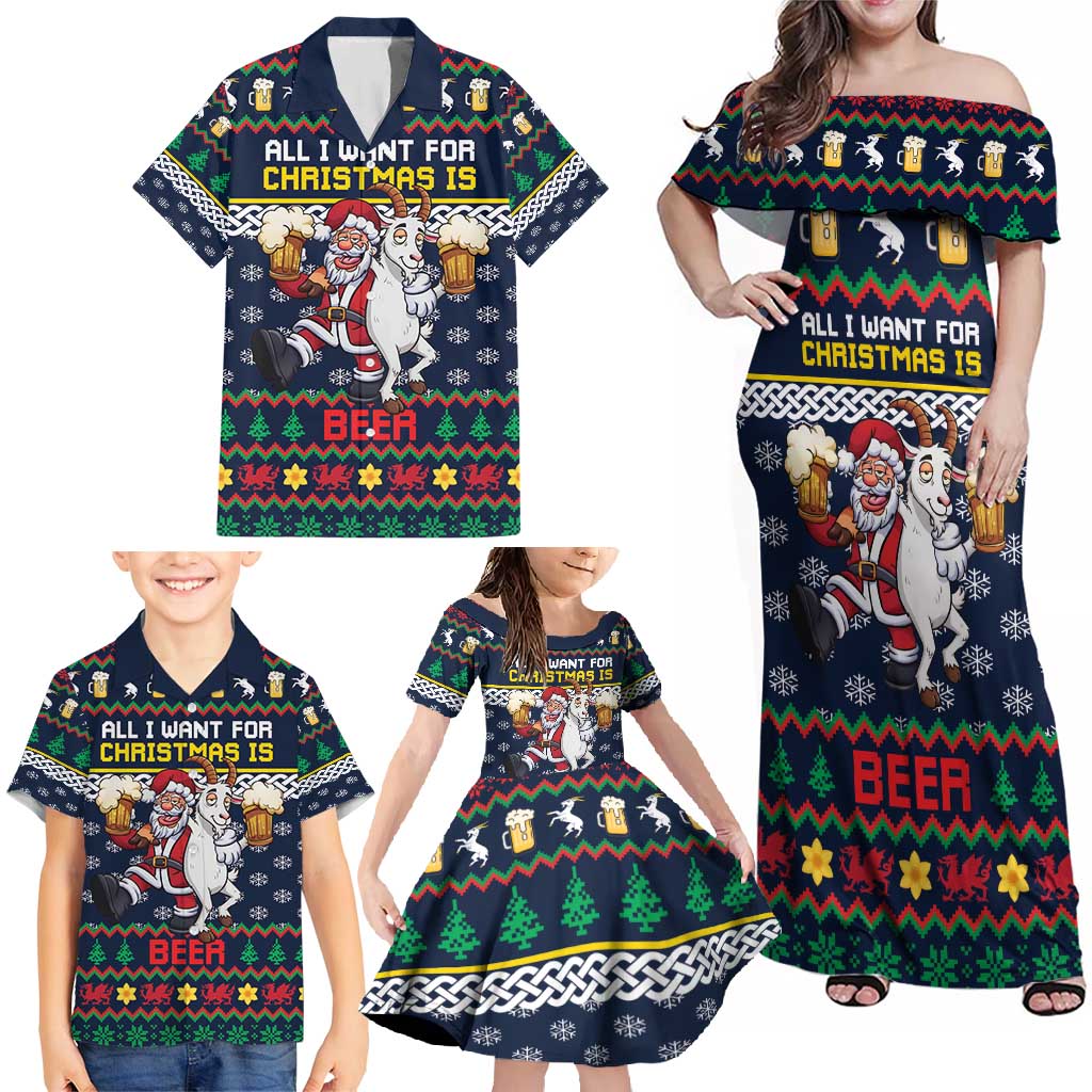 Personalized Merionethshire Wales Christmas Family Matching Off Shoulder Maxi Dress and Hawaiian Shirt Beer and Goat Santa Design - Wonder Print Shop