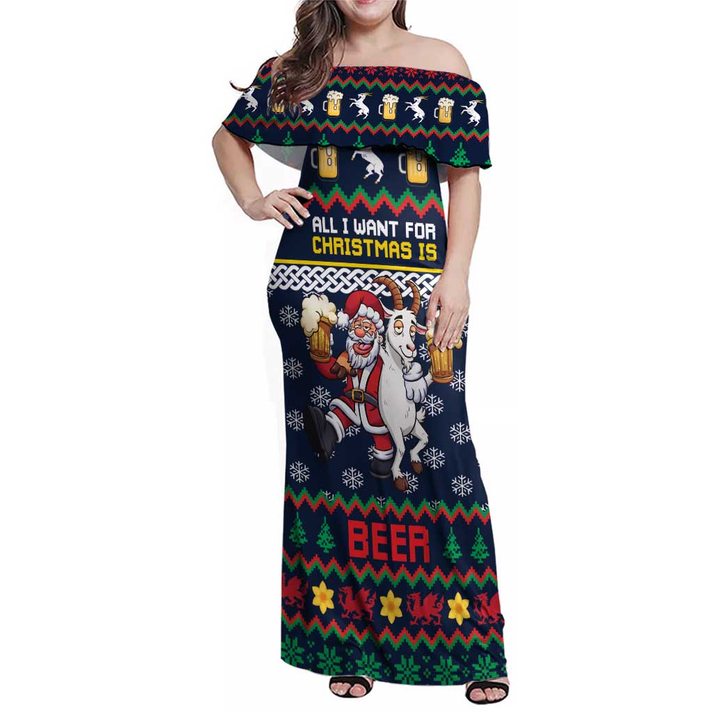 Personalized Merionethshire Wales Christmas Family Matching Off Shoulder Maxi Dress and Hawaiian Shirt Beer and Goat Santa Design - Wonder Print Shop