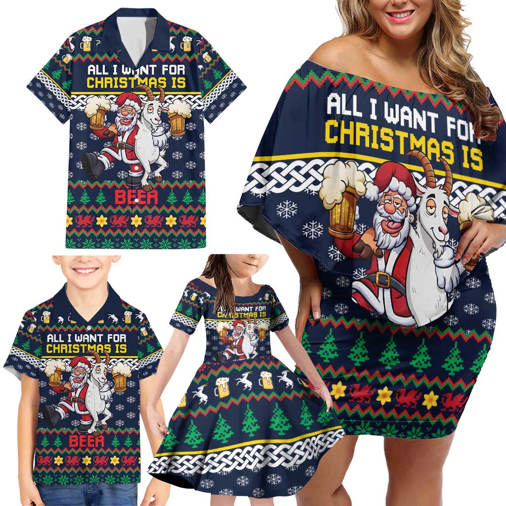 Personalized Merionethshire Wales Christmas Family Matching Off Shoulder Short Dress and Hawaiian Shirt Beer and Goat Santa Design - Wonder Print Shop
