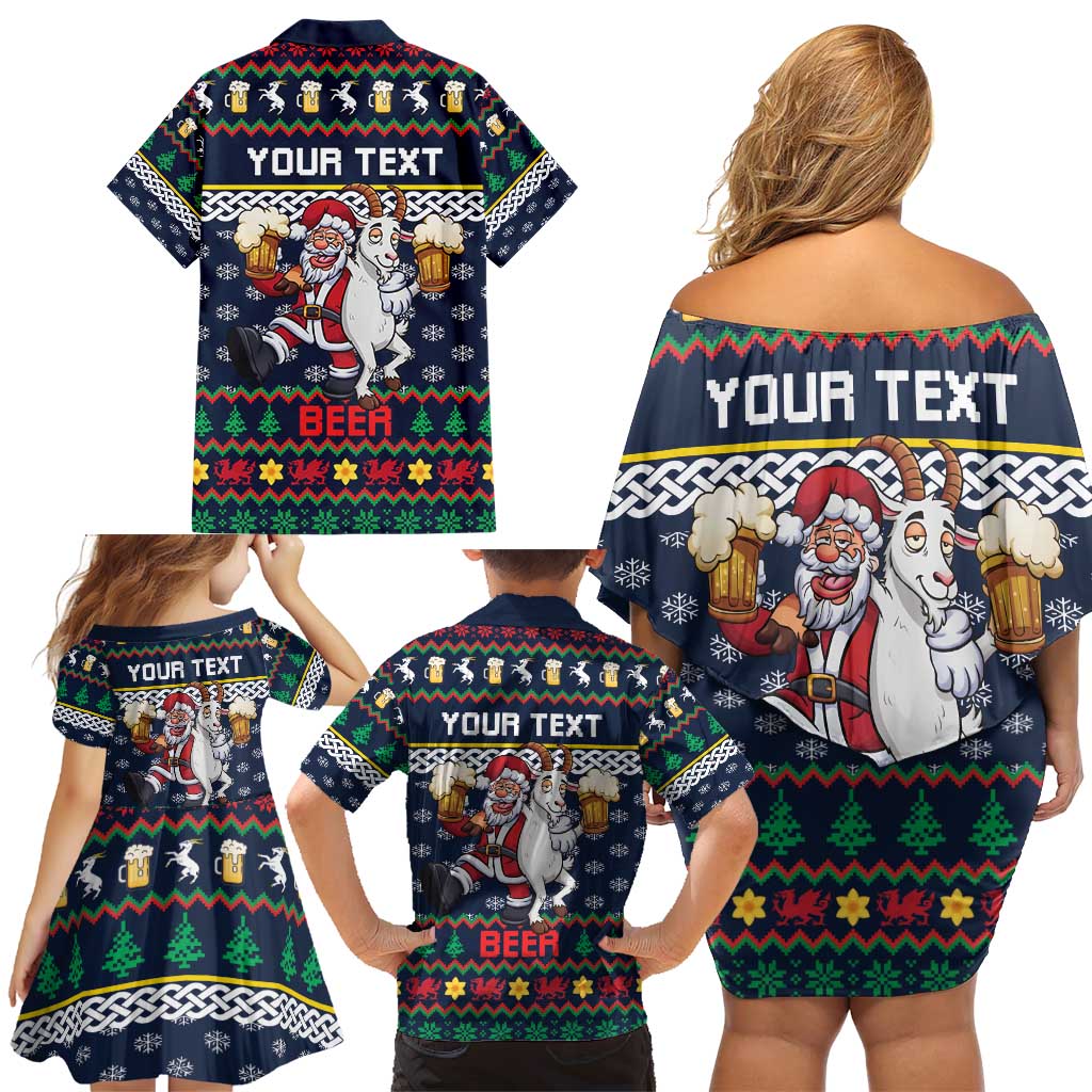 Personalized Merionethshire Wales Christmas Family Matching Off Shoulder Short Dress and Hawaiian Shirt Beer and Goat Santa Design - Wonder Print Shop