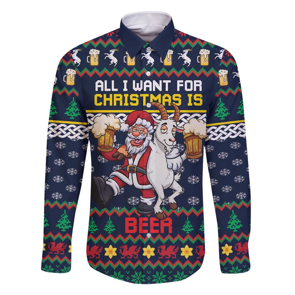 Personalized Merionethshire Wales Christmas Family Matching Off Shoulder Short Dress and Hawaiian Shirt Beer and Goat Santa Design - Wonder Print Shop