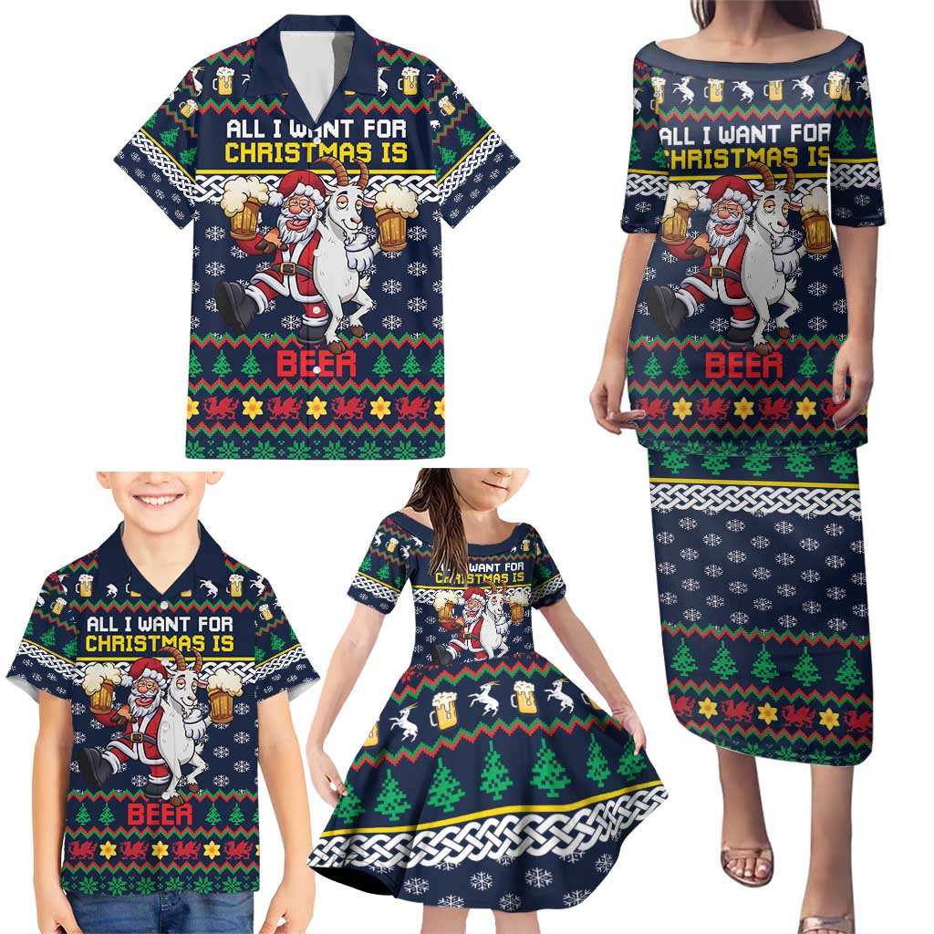 Personalized Merionethshire Wales Christmas Family Matching Puletasi and Hawaiian Shirt Beer and Goat Santa Design - Wonder Print Shop