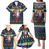 Personalized Merionethshire Wales Christmas Family Matching Puletasi and Hawaiian Shirt Beer and Goat Santa Design - Wonder Print Shop