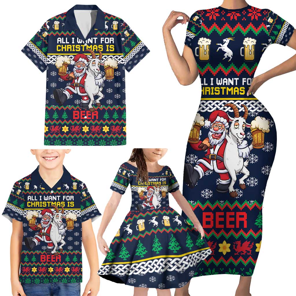 Personalized Merionethshire Wales Christmas Family Matching Short Sleeve Bodycon Dress and Hawaiian Shirt Beer and Goat Santa Design - Wonder Print Shop