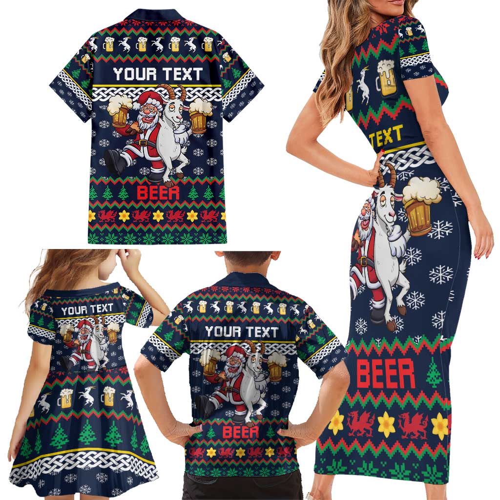 Personalized Merionethshire Wales Christmas Family Matching Short Sleeve Bodycon Dress and Hawaiian Shirt Beer and Goat Santa Design - Wonder Print Shop