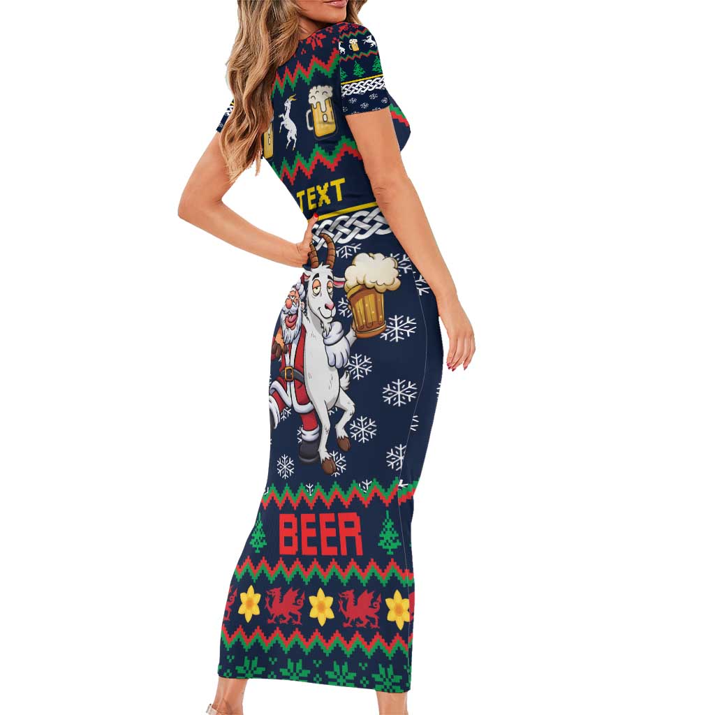 Personalized Merionethshire Wales Christmas Family Matching Short Sleeve Bodycon Dress and Hawaiian Shirt Beer and Goat Santa Design - Wonder Print Shop