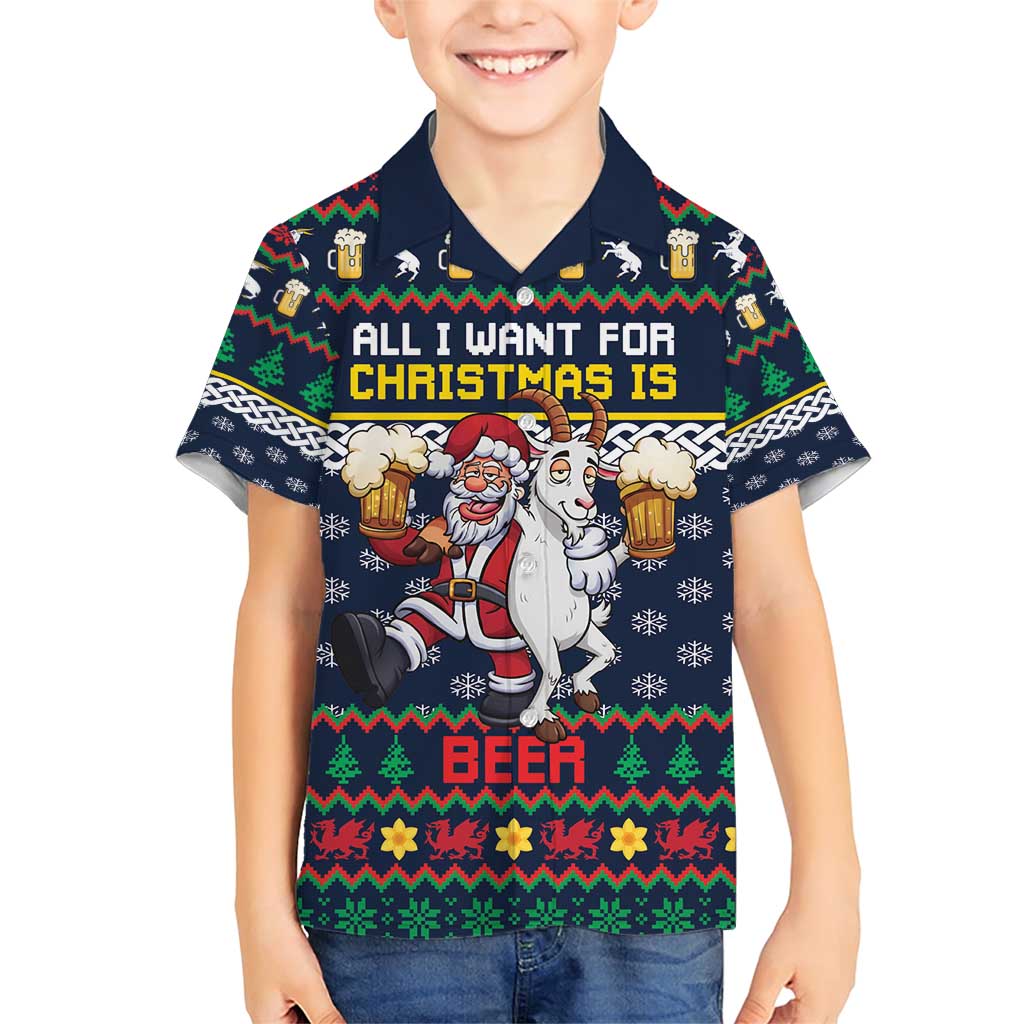 Personalized Merionethshire Wales Christmas Family Matching Short Sleeve Bodycon Dress and Hawaiian Shirt Beer and Goat Santa Design - Wonder Print Shop
