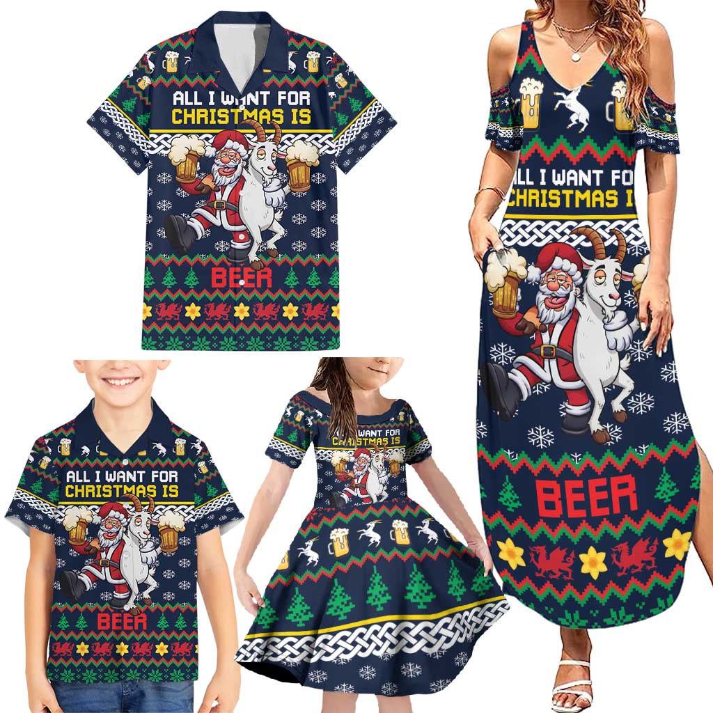 Personalized Merionethshire Wales Christmas Family Matching Summer Maxi Dress and Hawaiian Shirt Beer and Goat Santa Design - Wonder Print Shop