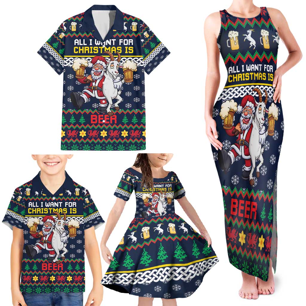 Personalized Merionethshire Wales Christmas Family Matching Tank Maxi Dress and Hawaiian Shirt Beer and Goat Santa Design - Wonder Print Shop