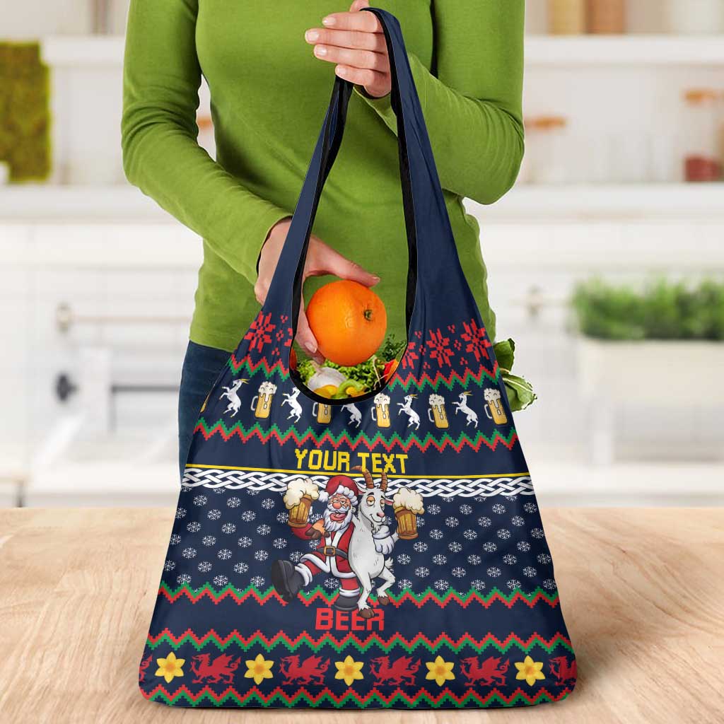 Personalized Merionethshire Wales Christmas Grocery Bag Beer and Goat Santa Design - Wonder Print Shop