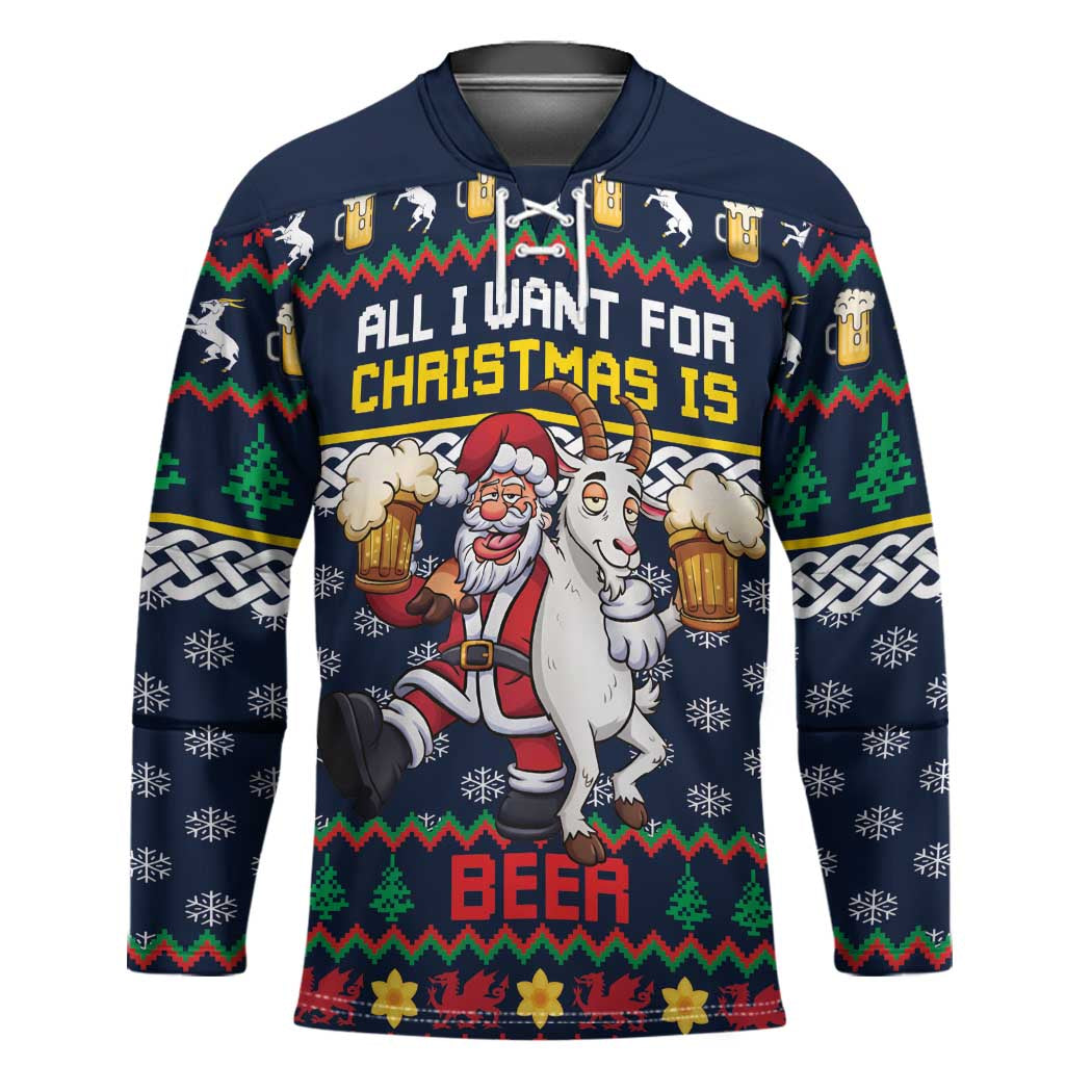 Personalized Merionethshire Wales Christmas Hockey Jersey Beer and Goat Santa Design - Wonder Print Shop
