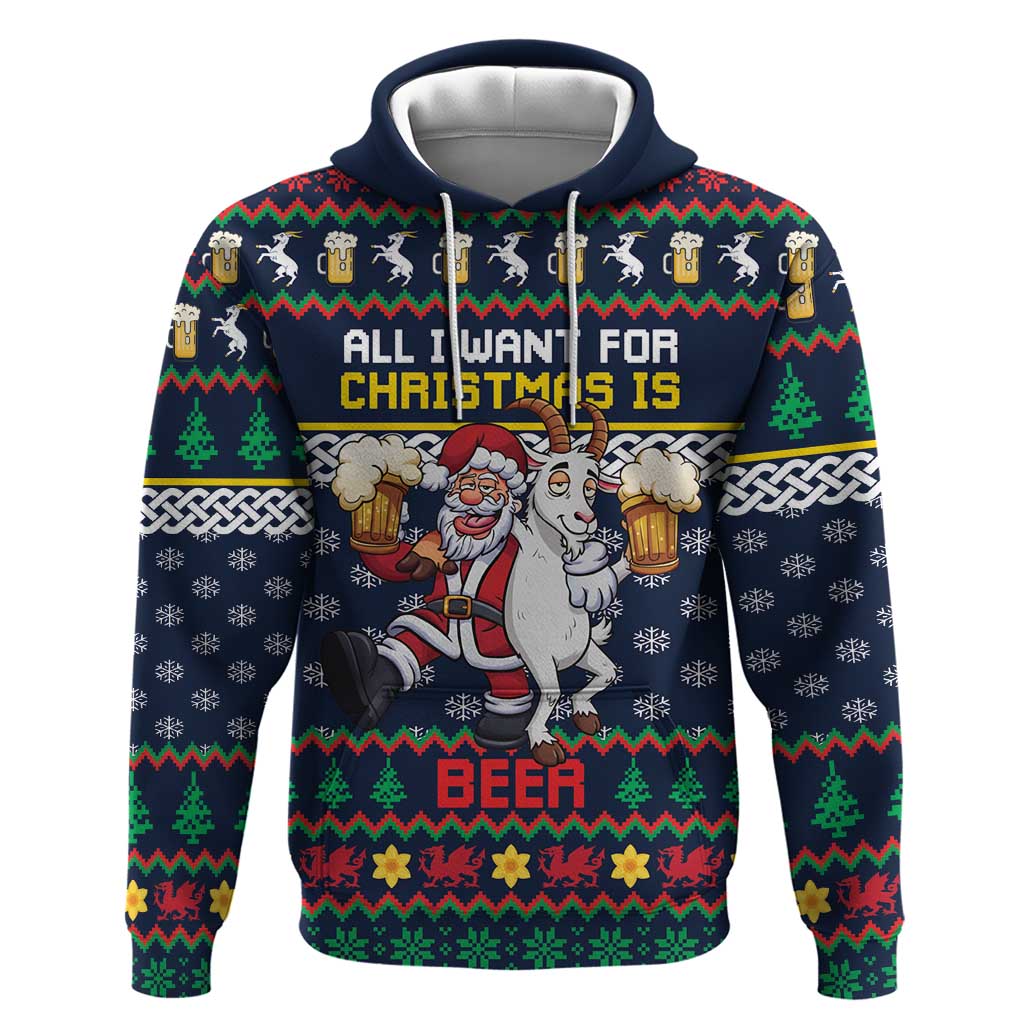 Personalized Merionethshire Wales Christmas Hoodie Beer and Goat Santa Design - Wonder Print Shop