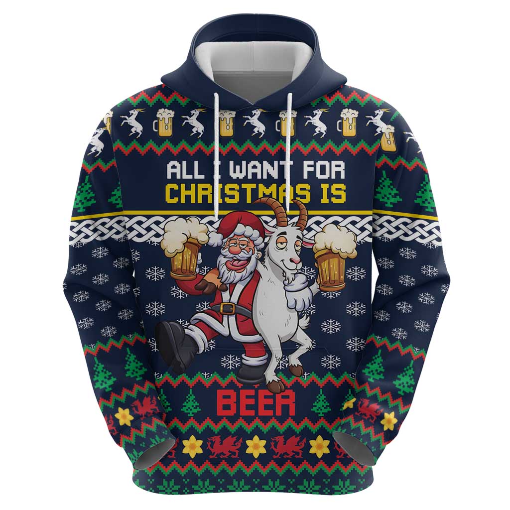 Personalized Merionethshire Wales Christmas Hoodie Beer and Goat Santa Design - Wonder Print Shop