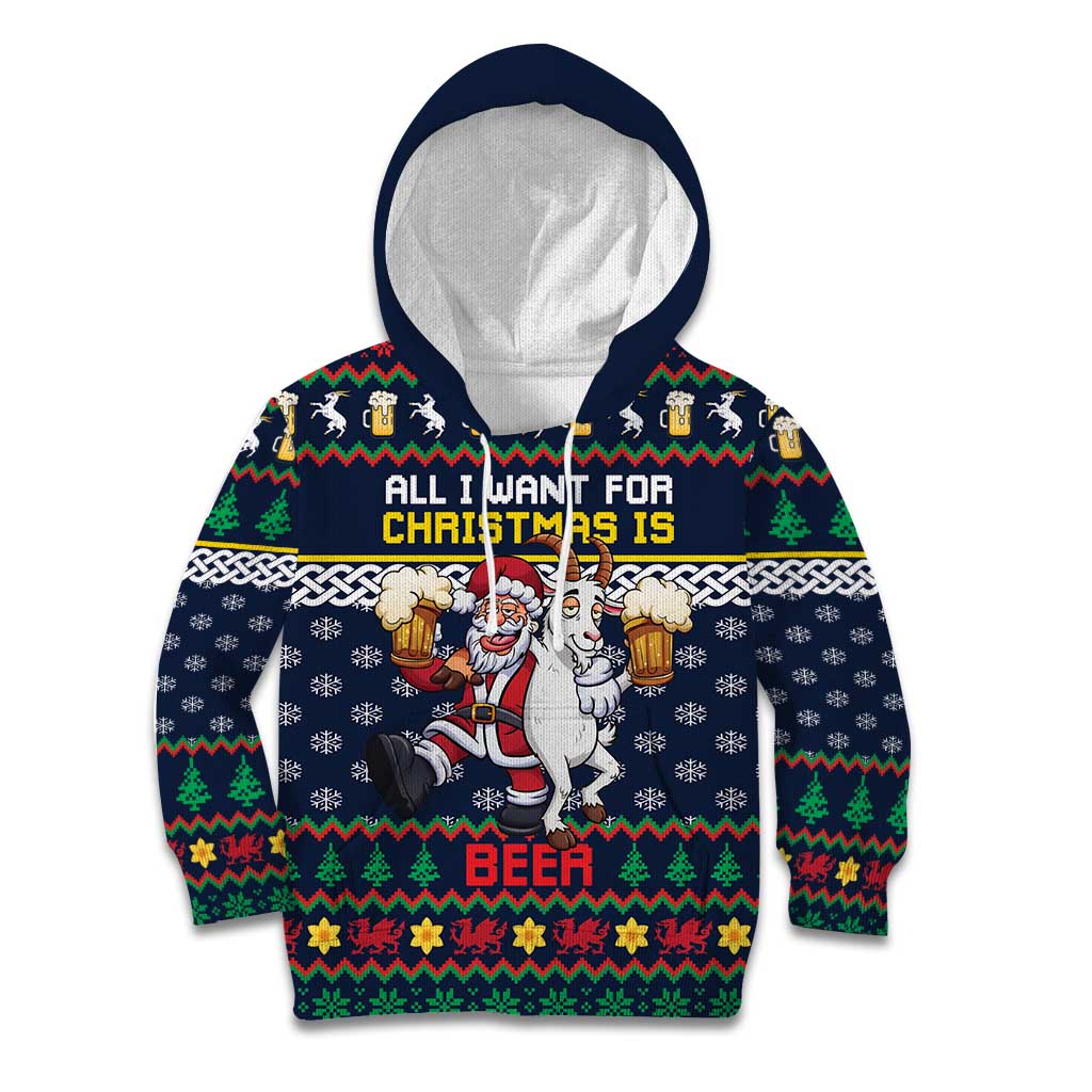 Personalized Merionethshire Wales Christmas Kid Hoodie Beer and Goat Santa Design - Wonder Print Shop
