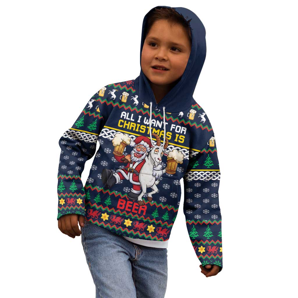 Personalized Merionethshire Wales Christmas Kid Hoodie Beer and Goat Santa Design - Wonder Print Shop