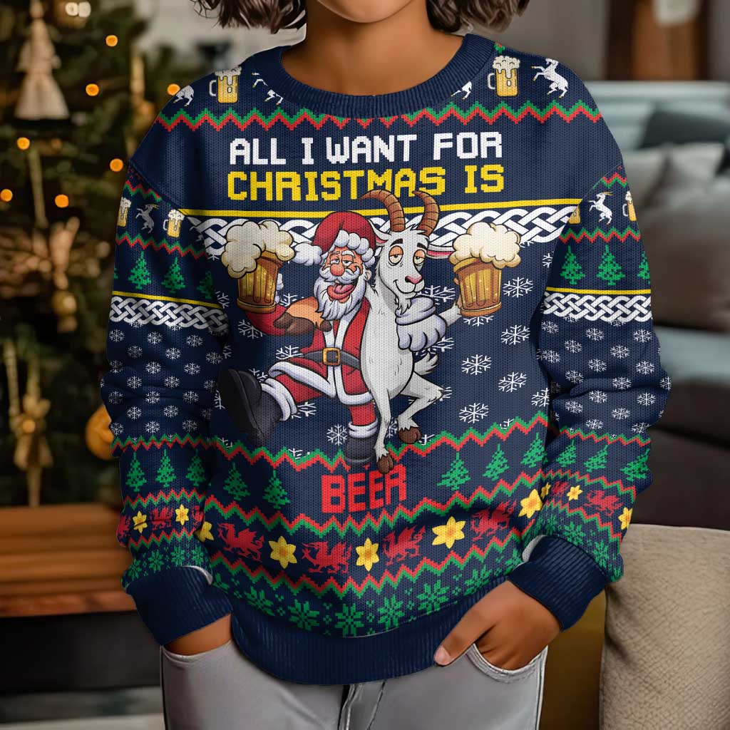 Personalized Merionethshire Wales Christmas Kid Ugly Christmas Sweater Beer and Goat Santa Design - Wonder Print Shop