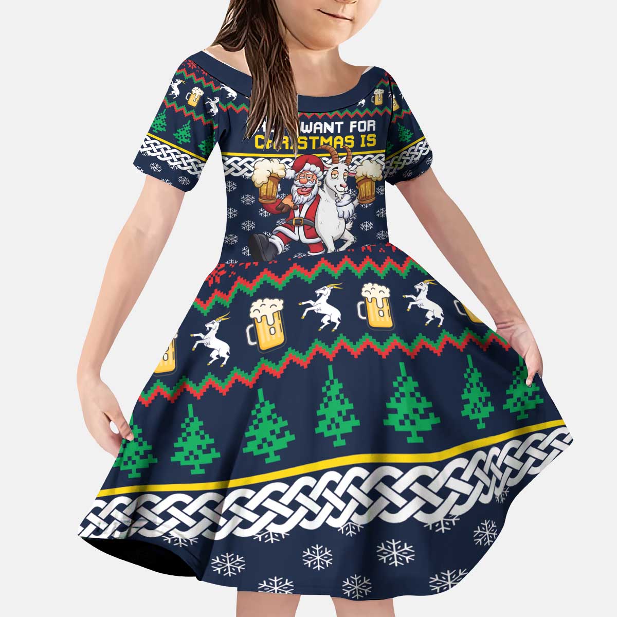 Personalized Merionethshire Wales Christmas Kid Short Sleeve Dress Beer and Goat Santa Design - Wonder Print Shop
